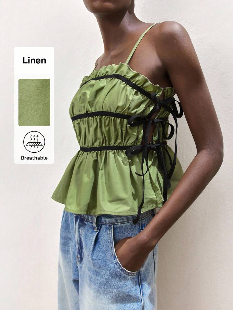SHEIN Maija Top de tirantes con volantes y lazo lateral, ideal para vacaciones