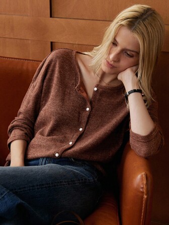 Écloséra 女士优雅复古简约领口圆领棕色T恤