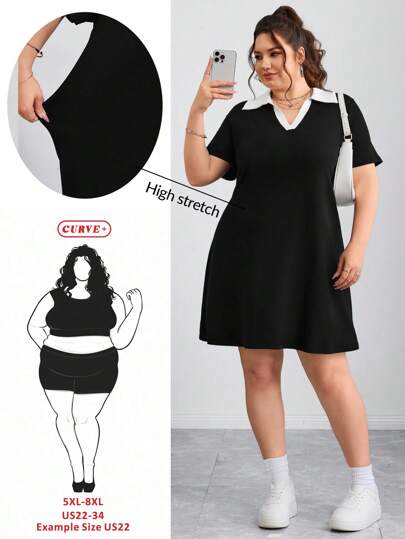 SHEIN CURVE+ Plus Size Women Colorblock Lapel Short Sleeve Casual Dress,Graduation Dress Plus Size Black And White Dress Women Plus Dress Plus Size Collared Dress Collared Dress Plus Casual Dress