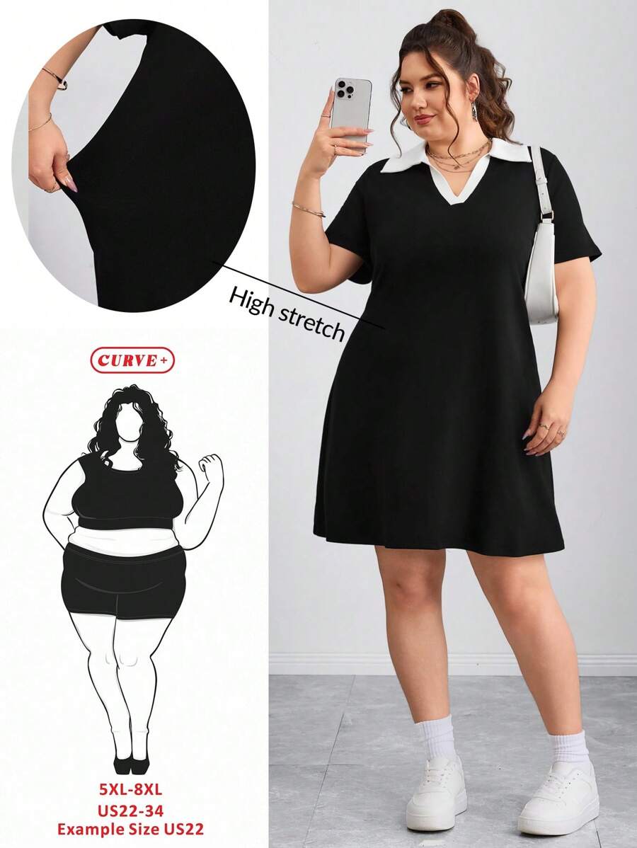SHEIN CURVE+ Plus Size Women Colorblock Lapel Short Sleeve Casual Dress,Graduation Dress Plus Size Black And White Dress Women Plus Dress Plus Size Collared Dress Collared Dress Plus Casual Dress