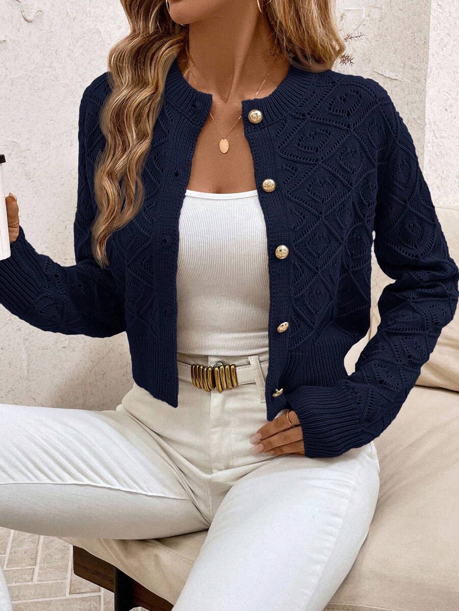 SHEIN Clasi Women's Long Sleeve Single-Breasted Casual Short Hollow-Out Knitted Cardigan In Fall/Winter