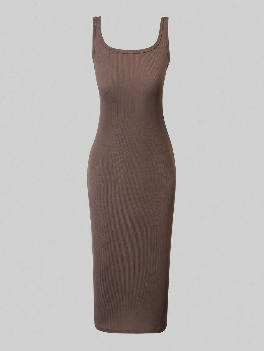 Tween Girl Solid Color Square Neck Fitted Casual Camisole Dress - Coffee Brown - View 1
