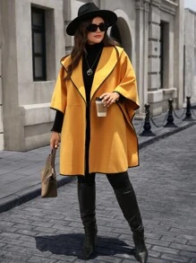 EMERY ROSE Plus Size Autumn/Winter Fashion Color Block Trim Hooded Overcoat, Casual Minimalist Style For Everyday Wear,Going Out, Suitable For Autumn And Winter Fall - Yellow - View 4