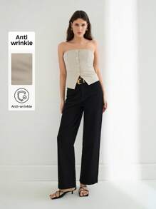 Maija Women's Apricot Summer Top, Solid Color Front Single-Row Metal Button With Pockets, Back Elastic Waist, Sleeveless Fitted Crop Top, Fashionable Simple Sexy For Holidays, Office, Casual, Business, Commuting, Airport - Khaki - View 1