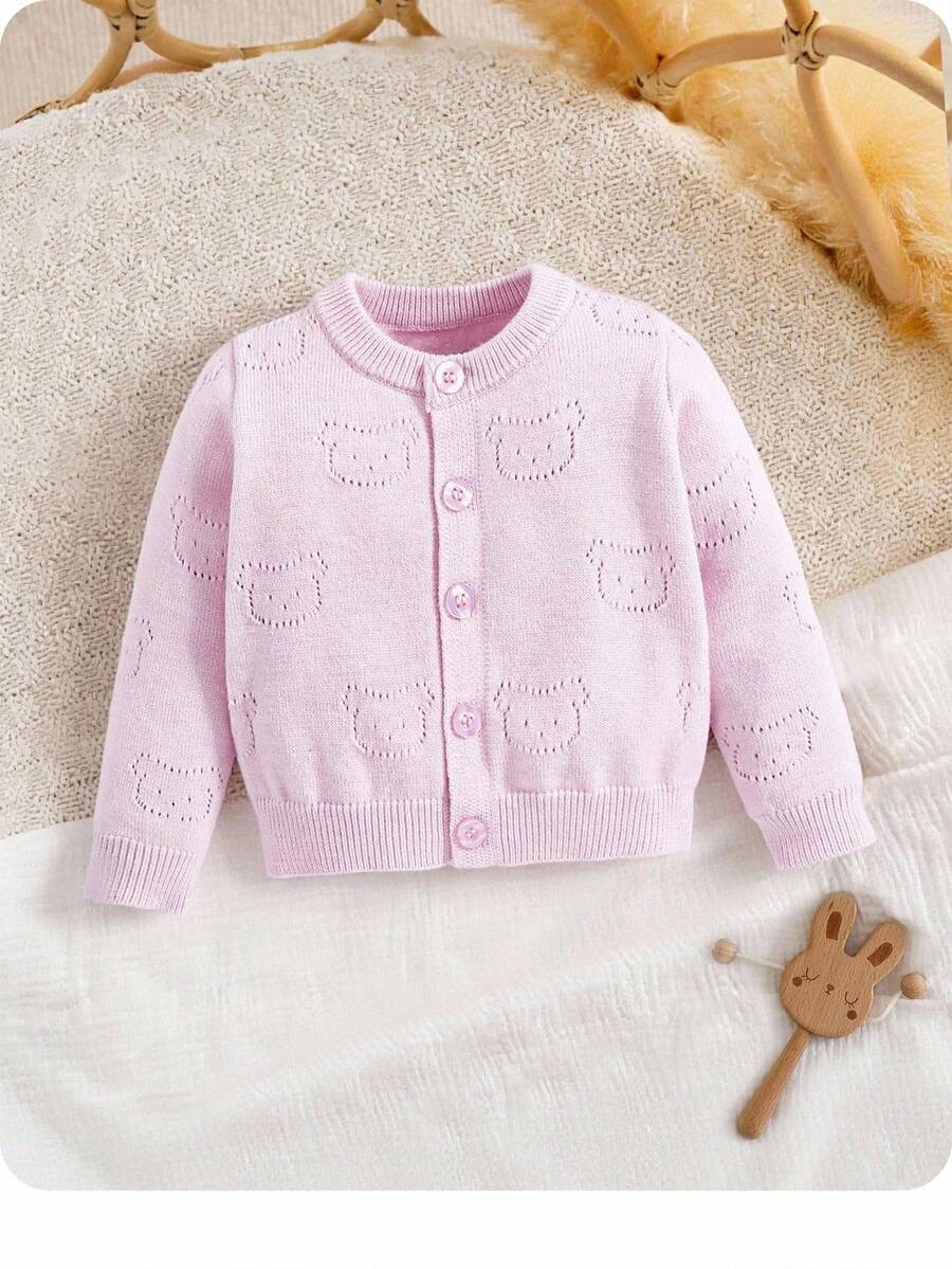 SHEIN Newborn Baby Boy Cute Bear Pattern Knit Casual Crew Neck Long Sleeve Cardigan Sweater,In Fall/Winter