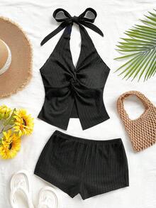 Soleia 2pcs Women Solid Color Twist Knot Hem Halter Top And Shorts Set Women's Summer Set Women Costume  Beach Outfit For Women Vacation Outfits For Women Casual - Black - View 7