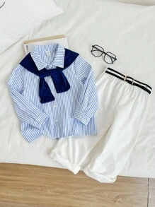 SHEIN 3 件套年轻男孩休闲韩版舒适时尚宽松衬衫和裤子两件套服装套装，适合秋冬季日常、上学、旅行、运动