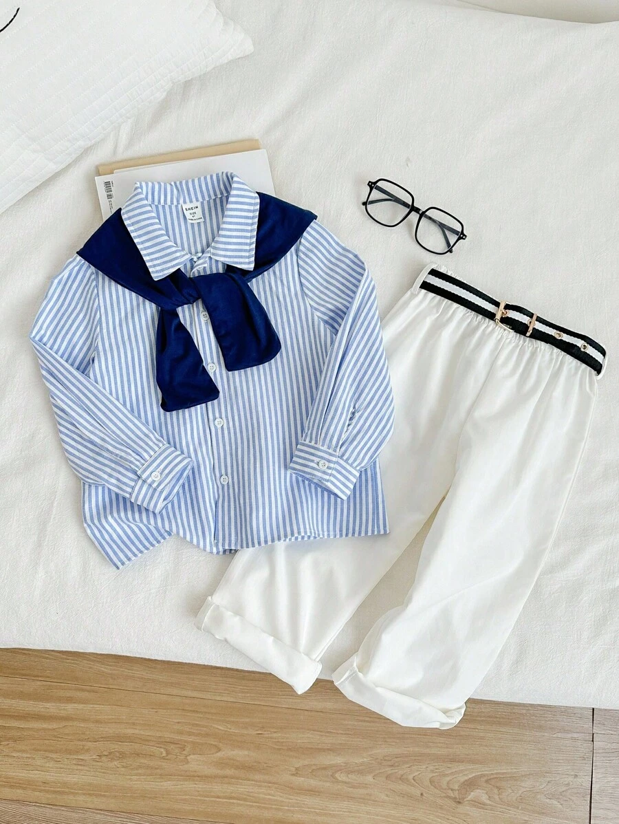 SHEIN 3 件套年轻男孩休闲韩版舒适时尚宽松衬衫和裤子两件套服装套装，适合秋冬季日常、上学、旅行、运动