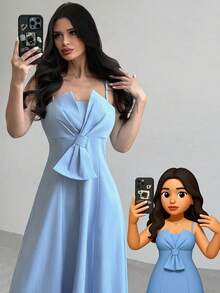 Firerie Women's Elegant Romantic Stylish Bow Decor High Waist A-Line Midi Dress, Sleeveless Strapless Blue Party Dress,  Graduation Dress - Baby Blue - View 9