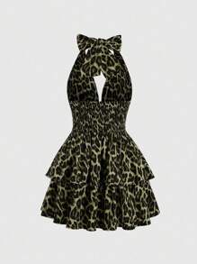 Sweetra 女式性感深褶皱荷叶边下摆露背豹纹连衣裙 - 墨綠色 - 查看 2