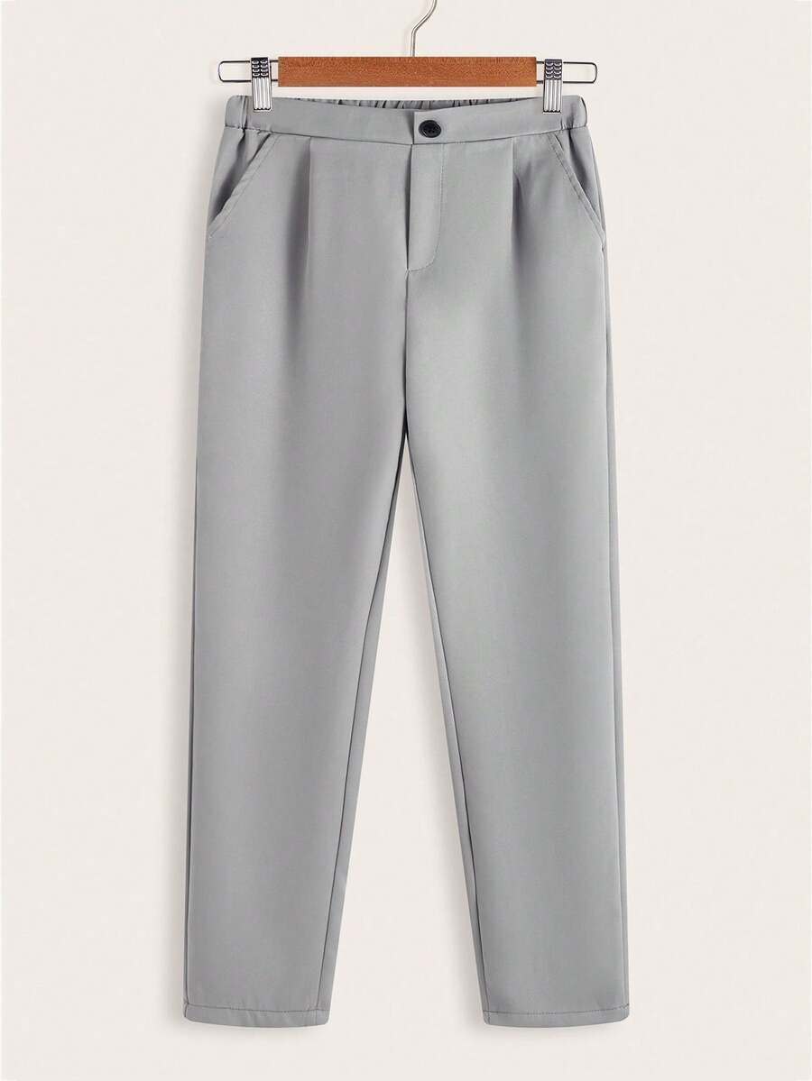 SHEIN Tween Boy Slim Fit Mid-Waist Tapered Solid Color Pants, Spring/Autumn - Grey - View 1