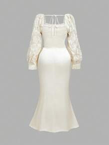 SHEIN MOD Plus Size Apricot Vintage Palace Style Elegant Jacquard Fabric Mermaid Maxi Dress With Long Sleeves - Apricot - View 2