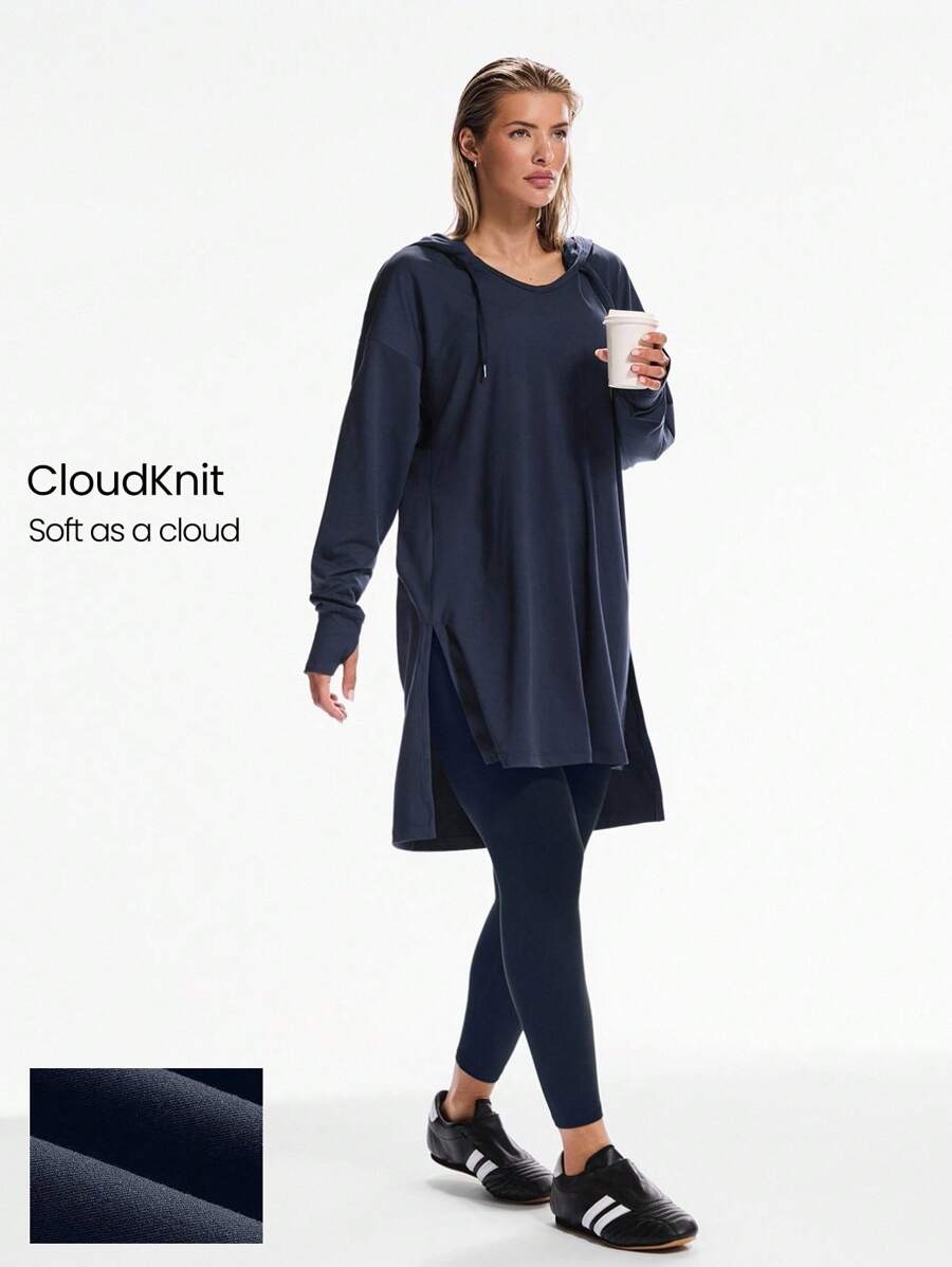 GLOWMODE Cloudknit 柔软超大臀长可调节抽绳长袖运动衫，带拇指孔，日常休闲秋季 - Dark Blue - 查看 1