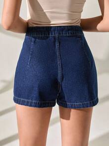 CLARA VERO WOMEN ELEGANT MID WAIST MINI DENIM SHORT WITH PLEAT DETAIL - Dark Wash - View 2