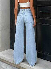 EURMUSE 100%Cotton LOW WAIST WIDE LEG LIGHT BLUE JEAN - Light Wash - View 2