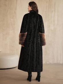 Anewsta Women's Fashionable & Elegant Long Black Faux Mink & Faux Fox Fur Cuff Jacket, Autumn/Winter - Black - View 3