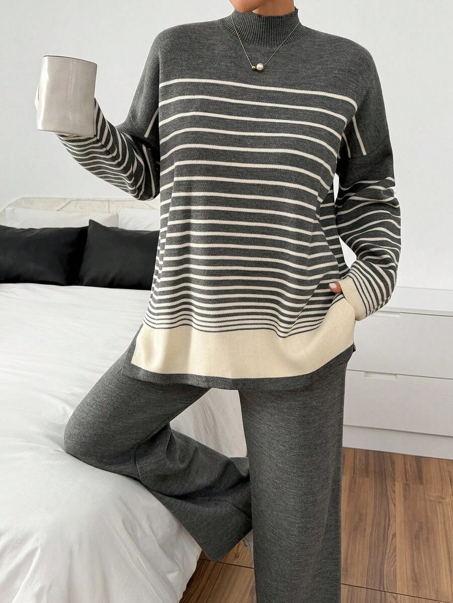 EURMUSE Contrast Hem Grey-Striped Funnel Neck Knitwear Set With Side Slits Comfortable Loungewear Set Two Piece Set Women Womens Two Piece Set Striped Two Piece Set Comfy Two Piece Set,Winter Clothes