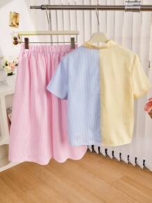 Conjunto de 2 peças para meninas adolescentes, cardigã listrado com lapela e saia gráfica moderna, adequado para o deslocamento diário - Multicolorido - Ver 3