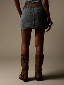 MISSGUIDED Studded Denim Mini Skirt High Waist Punk Rock Style Festival Fashion Metal Rivets Embellished Street Wear Party Club Night Out Casual Wear Retro Look Skirt - Grey - View 2