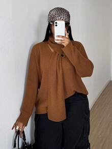 Maweii 大码女式纯色优雅毛领针织套头衫 - 駝色 - 查看 5