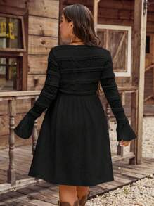 SHEIN LilyWest Plus Size Women's Elegant V-Neck Vacation Long Sleeve Lace Patchwork Comfortable Dress, Spring/Summer Fall Cloth For Women