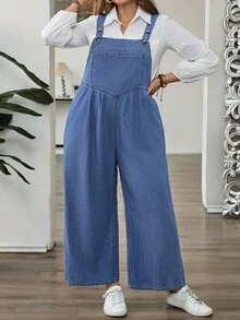 SHEIN CURVE+ 大码女式褶皱阔腿宽松休闲牛仔连体裤 - 藍色 - 查看 1