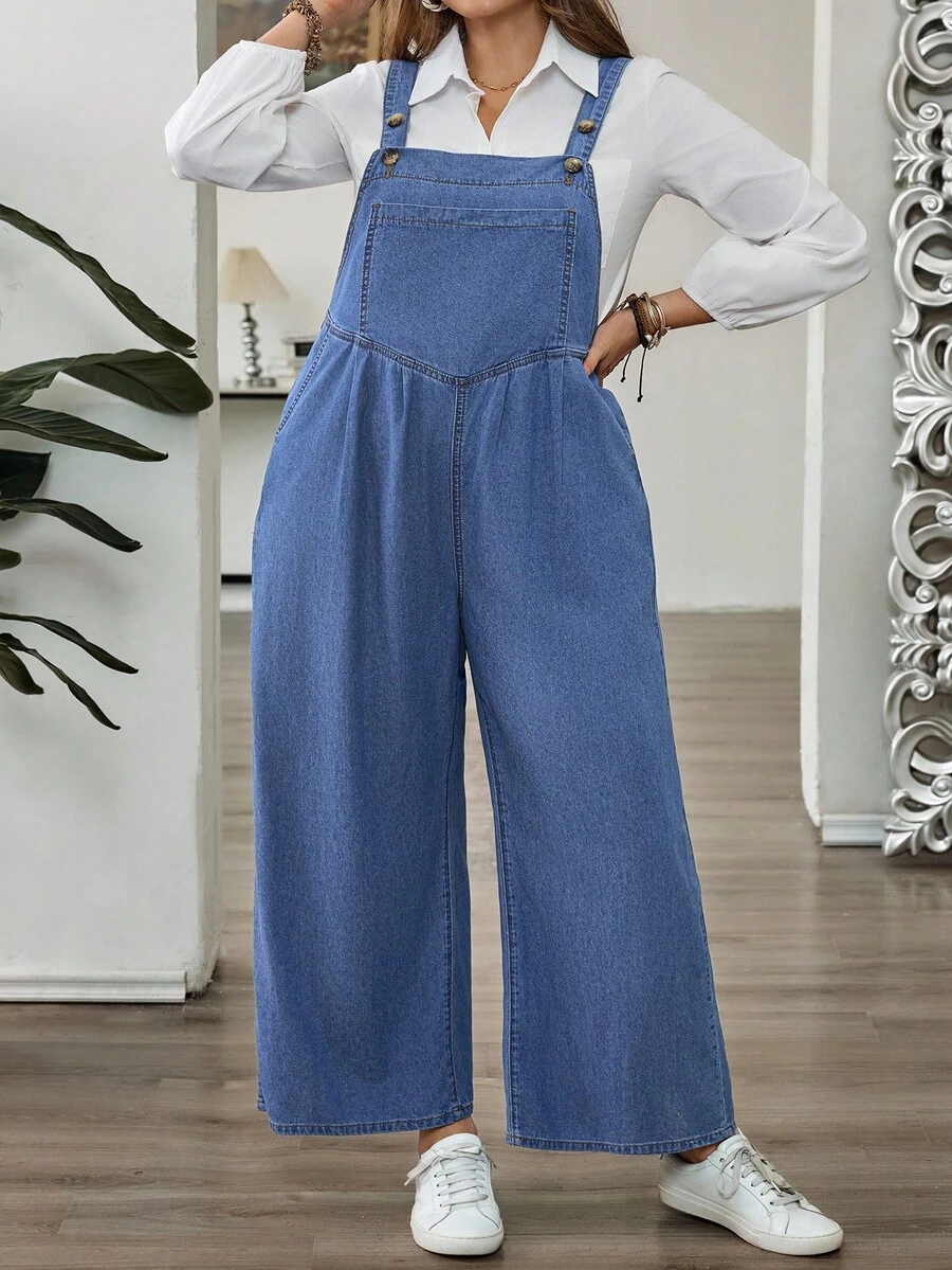 SHEIN CURVE+ 大码女式褶皱阔腿宽松休闲牛仔连体裤 - 藍色 - 查看 1