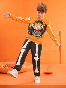 GARFIELD | SHEIN 青少年男孩可爱卡通万圣节图案圆领长袖针织宽松运动衫和裤子套装 - 彩色 - 查看 4