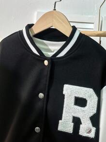Tween Girl Letter Patched Striped Trim Drop Shoulder Varsity Jacket - Black and White - View 3