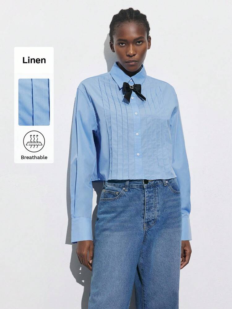 SHEIN Maija Blusa curta de manga longa, com decote único, laço romântico plissado e decoração, para mulheres, para a primavera