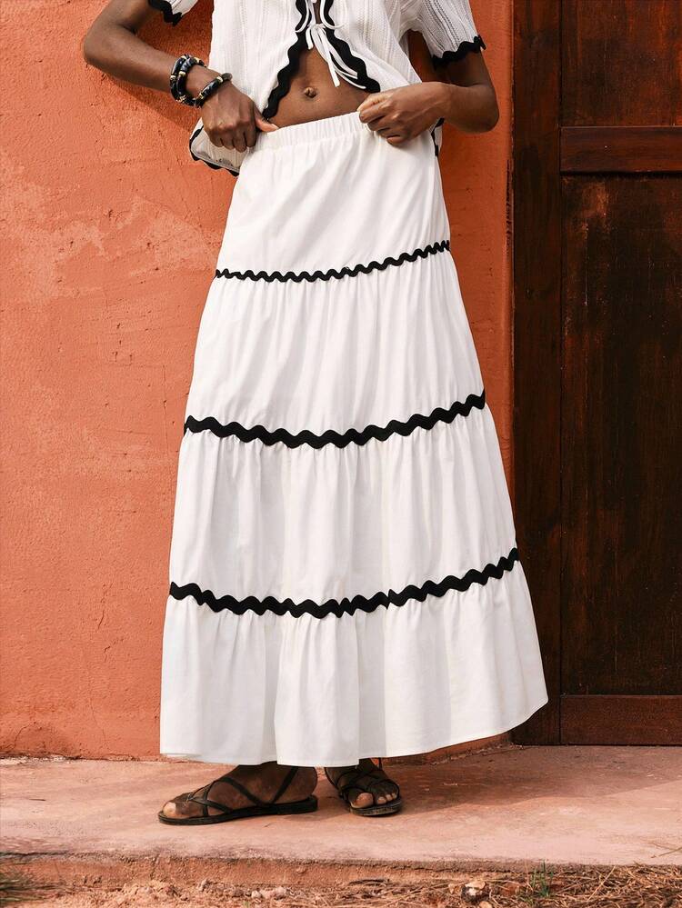 SHEIN Maija Women's Vacation Casual Contrast Color Woven Belt Skirt