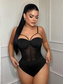 SHEIN SXY 女士性感黑色吊带网纱拼接罩杯装饰连体衣，春夏时尚，商务休闲装，束身衣，辣妹风，夜店装，性感夜店装，透视上衣，女士上衣，胸衣连衣裙，网纱套装，内置胸罩 - 黑色 - 查看 3