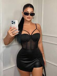 SHEIN SXY 女士性感黑色吊带网纱拼接罩杯装饰连体衣，春夏时尚，商务休闲装，束身衣，辣妹风，夜店装，性感夜店装，透视上衣，女士上衣，胸衣连衣裙，网纱套装，内置胸罩 - 黑色 - 查看 5