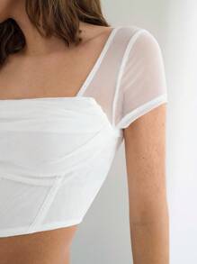 Maija Blusa corta de mujer de manga corta con cuello cuadrado y bajo asimétrico, color blanco - Blanco - Ver 5