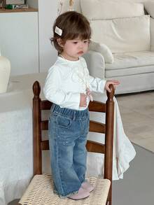 DAZY 女婴喇叭牛仔裤，休闲百搭长裤，秋冬 - 藍色 - 查看 4