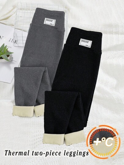 SHEIN Conjunto de dos piezas para niñas preadolescentes, leggings térmicos ajustados de felpa con decoración de parche en la cintura