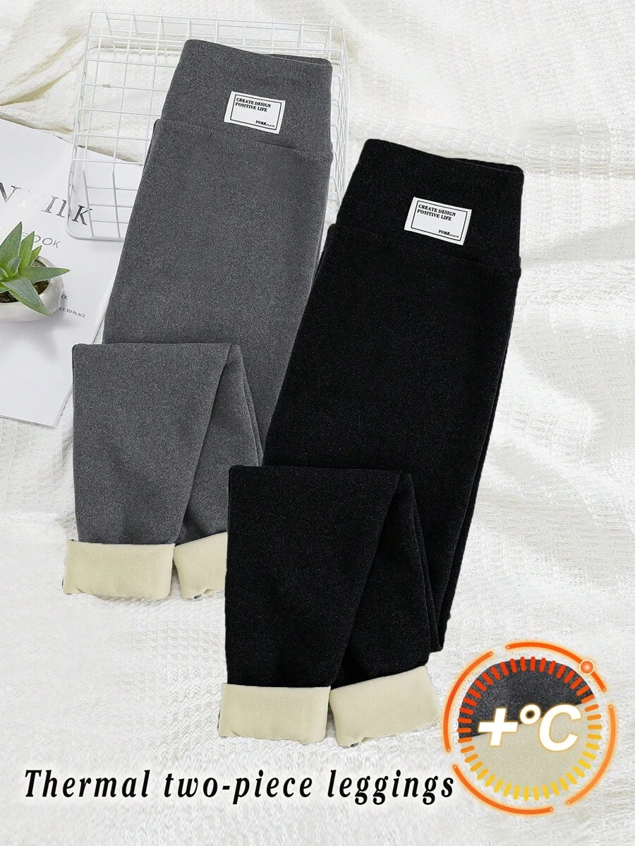 SHEIN Tween Girls Two Pieces Tight-Fitting Fleece Thermal Leggings With Waist Patch Decoration Chic Outfits For Autumn/Winter
