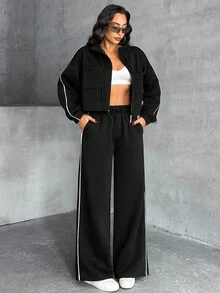 EURMUSE Women's Solid Casual Good Quality Drawstring Two Pieces Set - Black - View 1