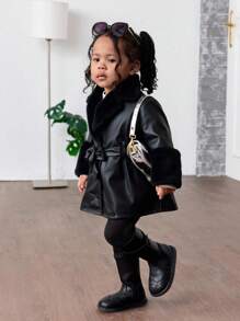 TaviRue Mommy And Me Matching Outfits(2 Pieces Are Sold Separately)Babygirl Cute Black PU Leather Jacket With Fleece Collar, Back To School,Autumn/Winter Fall - Black - View 1