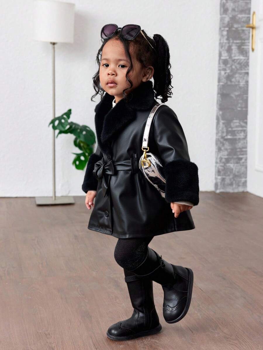 TaviRue Mommy And Me Matching Outfits(2 Pieces Are Sold Separately)Babygirl Cute Black PU Leather Jacket With Fleece Collar, Back To School,Autumn/Winter Fall - Black - View 1
