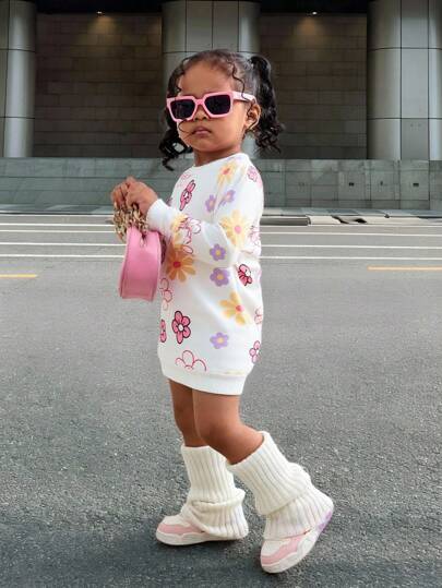 SHEIN TaviRue 秋冬女宝宝可爱花卉印花长袖连衣裙