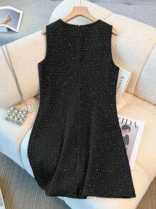 Franclia 女士优雅 V 领 A 字形无袖粗花呢连衣裙 - 黑色 - 查看 2