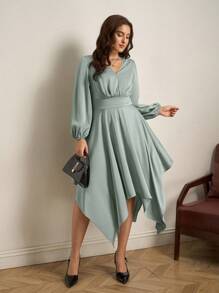 SHEIN Clasi Plus Size Women Elegant Asymmetrical Hem V-Neck Dress - Green - View 4