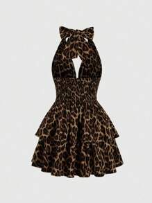 Sweetra Sexy Leopard Print Backless Halter Neck Summer Dress - Brown - View 2