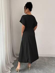 Elenzga Váy dài vừa phải dáng chữ A cổ chữ V thanh lịch, giản dị dành cho nữ, có nút cài, tay loe, thích hợp cho tiệc trà, kỳ nghỉ, đi làm, mùa xuân/hè - màu đen - Xem 2