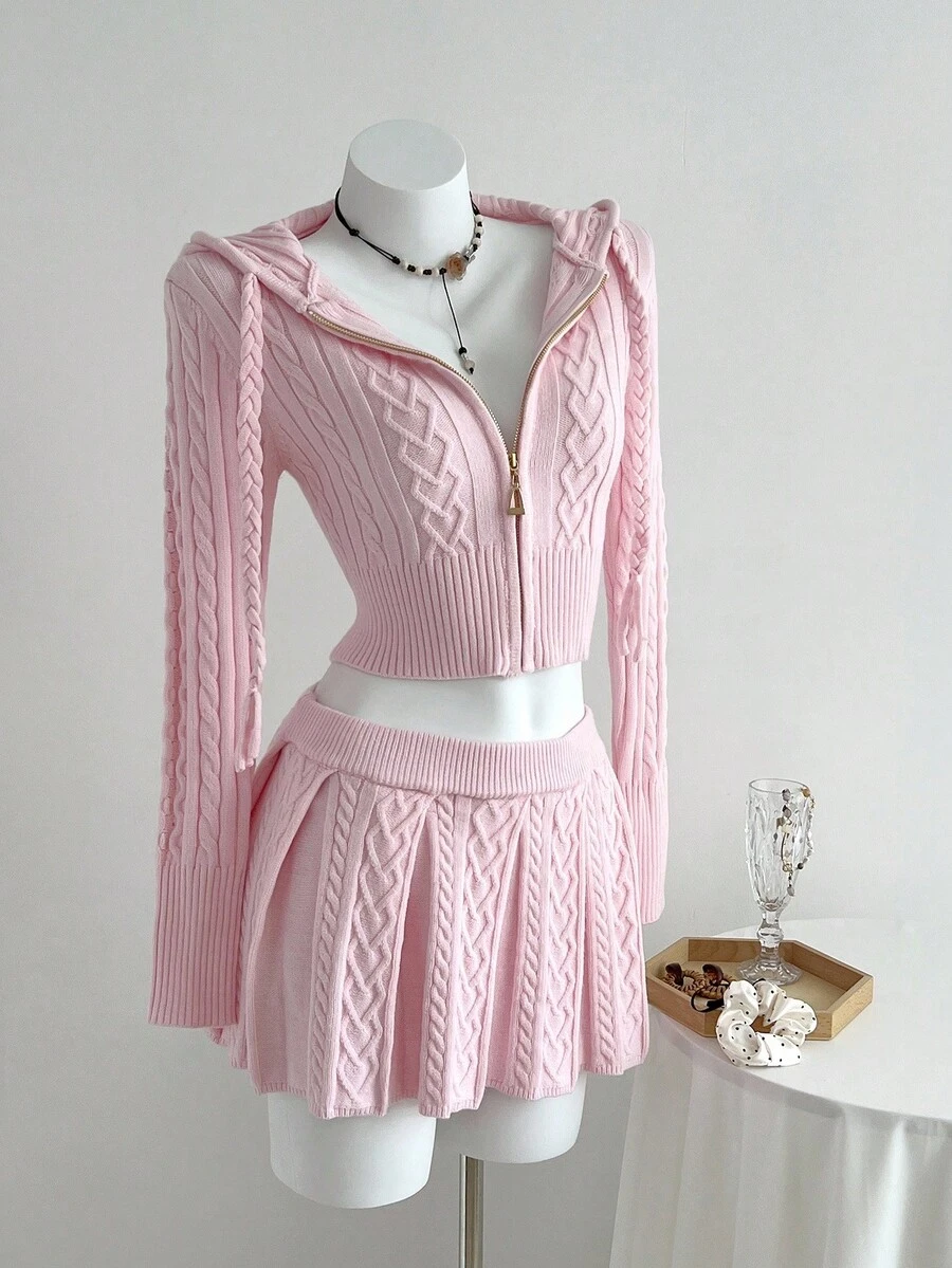 Elamini 2pcs Casual Versatile Tight-Fitting Cable Cable Knit Sweater Set Fall Winter Cloth For Women - Pink - View 1