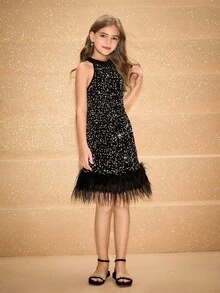 Elegant Glamorous Black Round Neck Beaded Fur Trim Mid-Length Dress For Tween Girls Suitable For Evening Party, Wedding, Birthday, Halloween, Christmas, Graduation, Holiday Fall Winter - Black - View 3