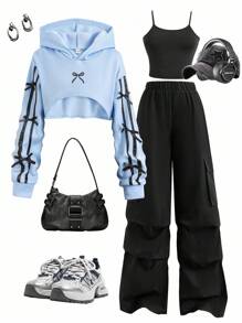 Sparklyn 3 件套青少年女孩秋冬蓝色蝴蝶结装饰短款连帽运动衫、可调节吊带上衣和休闲黑色口袋裤，舒适百搭套装，家庭和姐妹装，演唱会服装 - 彩色 - 查看 1