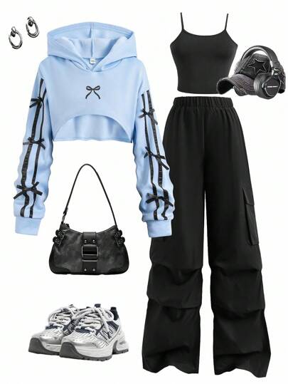 Sparklyn 3 件套青少年女孩秋冬蓝色蝴蝶结装饰短款连帽运动衫、可调节吊带上衣和休闲黑色口袋裤，舒适百搭套装，家庭和姐妹装，演唱会服装