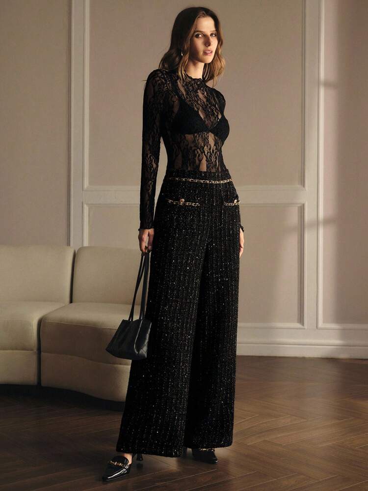 TWEED SEQUINS CHAIN TRIM WIDE LEG PANTS
